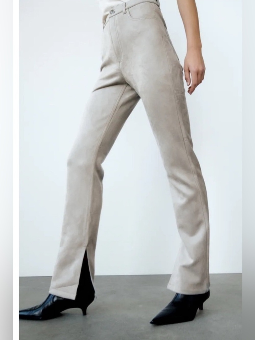 ZARA Faux Suede Pants Ankle Slit Flare Dove Gray Sz 6 Classic City Fall Neutral